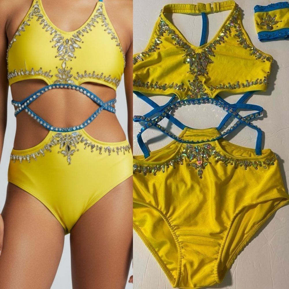 Glamour solo dance costume yellow strappy gems rhinestone embellished MA dance